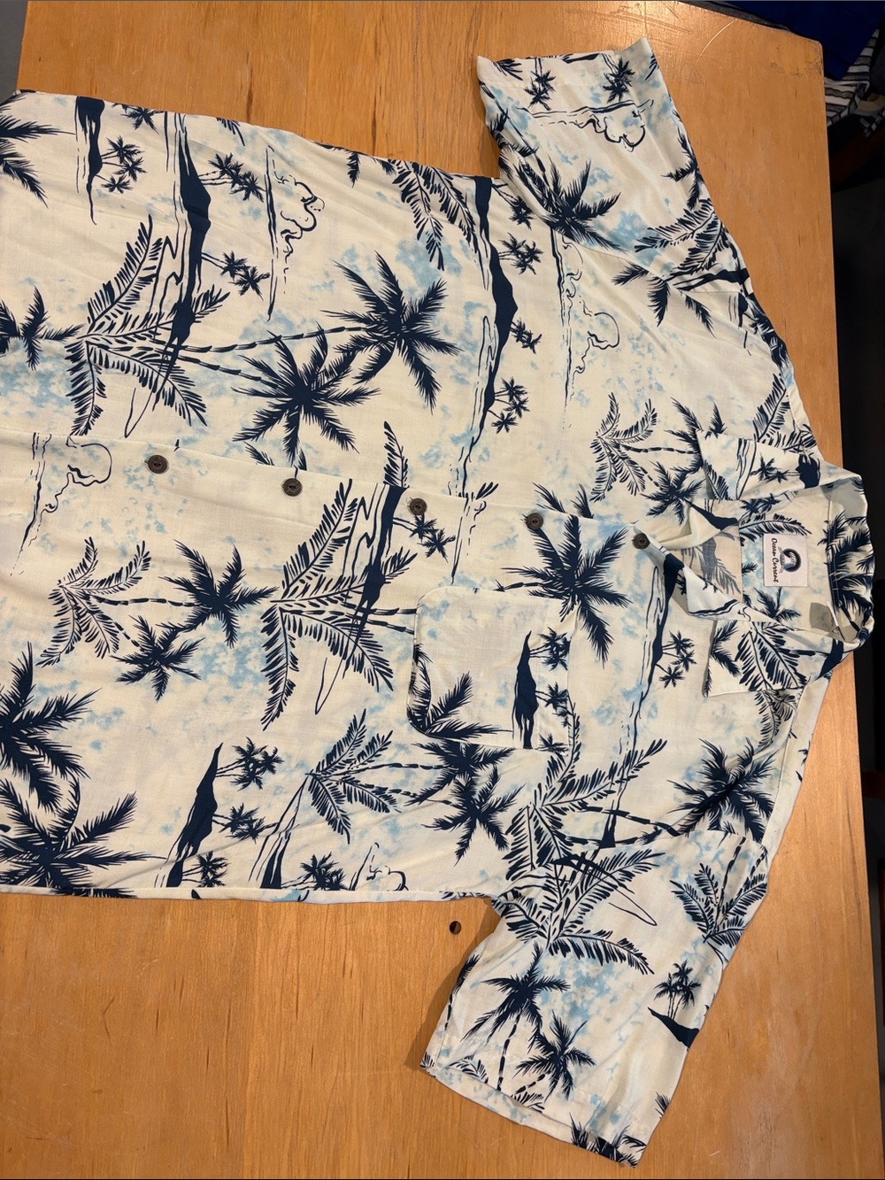 Ocean Current ~ White & Navy Palm-Print Short Sleeve Shirt Hawaiian